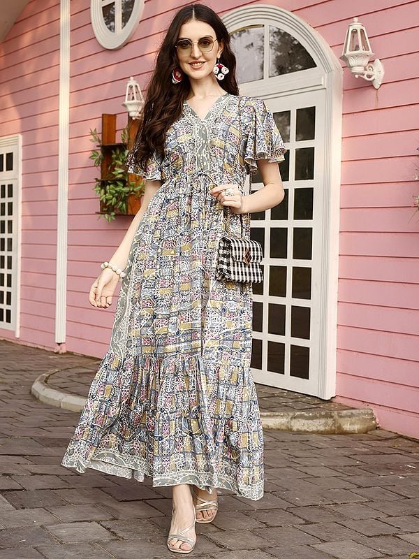 Multicolor Abstract Print Rayon Long Dress with Tassels