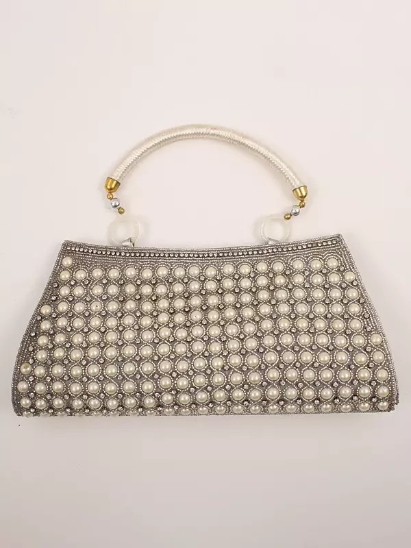 Silver Clutch Bag with Embroidered Crystals, Beads and Faux Pearls