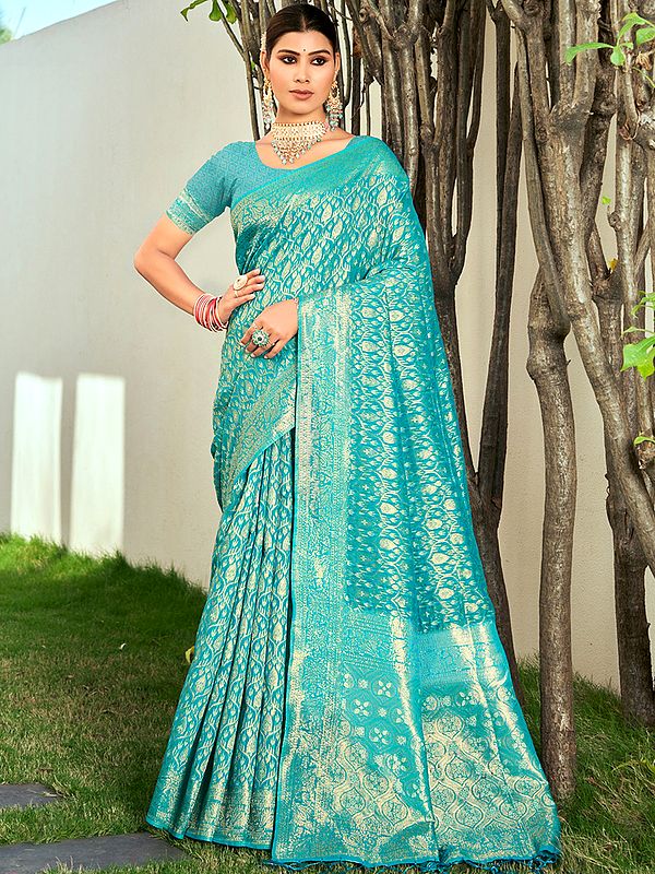 Beautiful Leaf-Patterned Cotton Saree With Tassels And Blouse