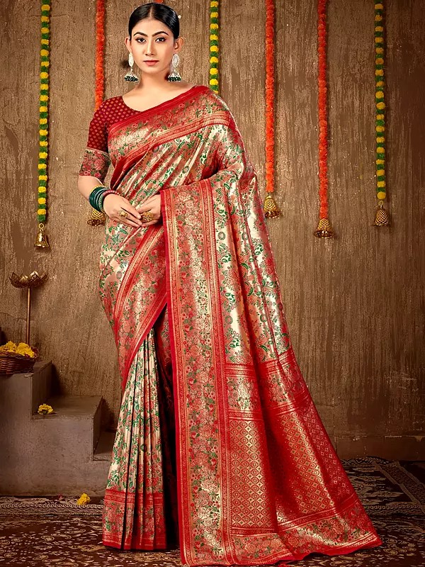 Traditional Floral Woven Banarasi Silk Saree with Blouse for Women