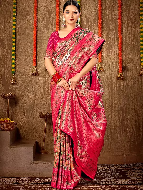 Traditional Floral Woven Banarasi Silk Saree with Blouse for Women
