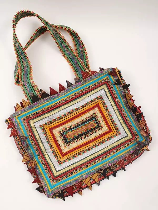 Multicolor Patchwork Shoulder Bag from Kutch with Rabari Embroidery