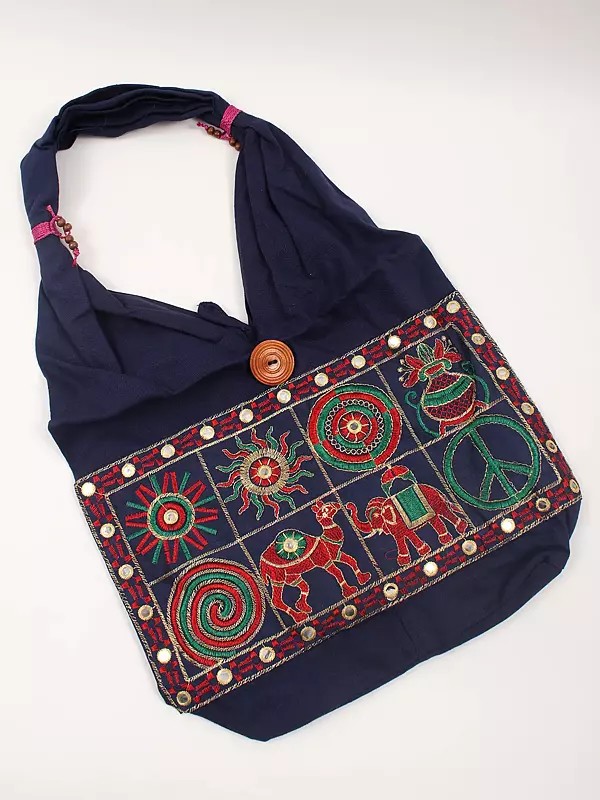 Pure Cotton Shoulder Bag from Gujarat with Zari-Mirror Embroidered Patch and Camel-Elephant Motif