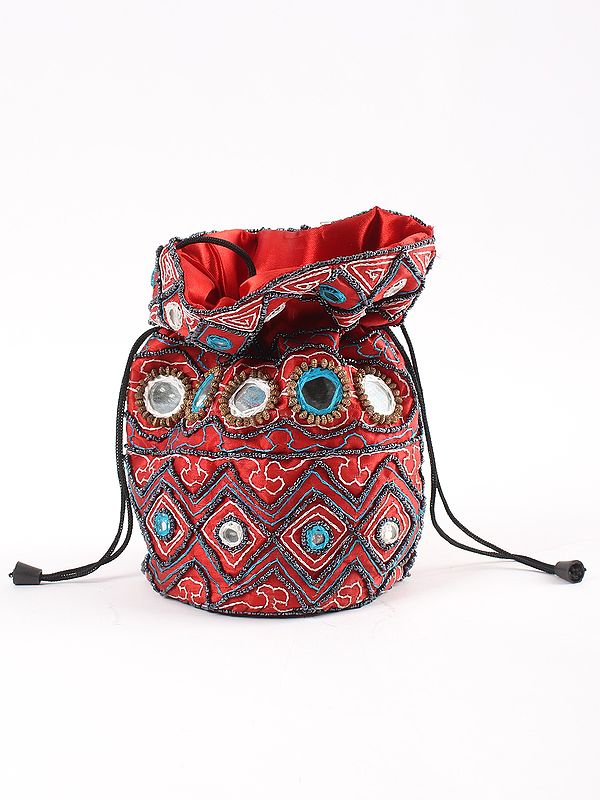 Drawstring Potli Bags with Mirror and Bead Embroidery