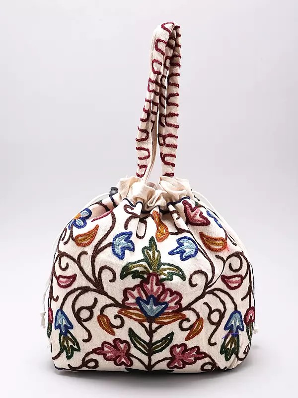 Snow-White Drawstring Potli Bags with Crewel Embroidered Flowers