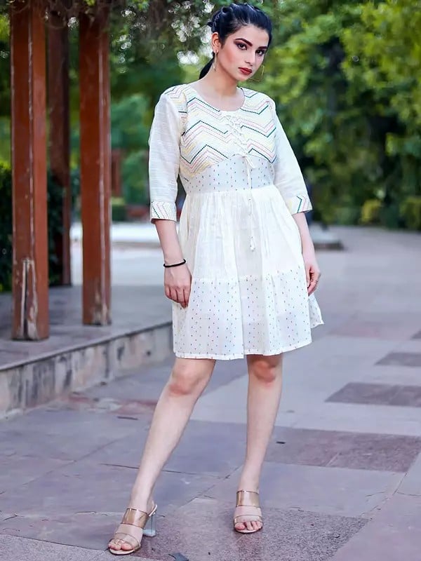 Multi Thread Khadi Cotton Party Wear an Off-White Dress with Multicolor Lining