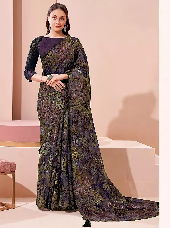 Floral Design Brasso Cut Daana And Handwork Saree With Blouse