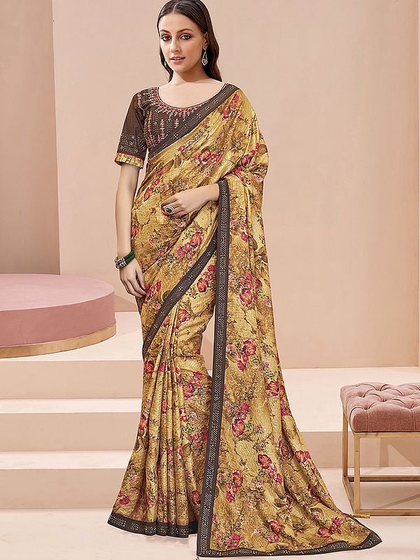 Elegant Floral Print Mukaish Studded Work Saree With Contrast Border For Women