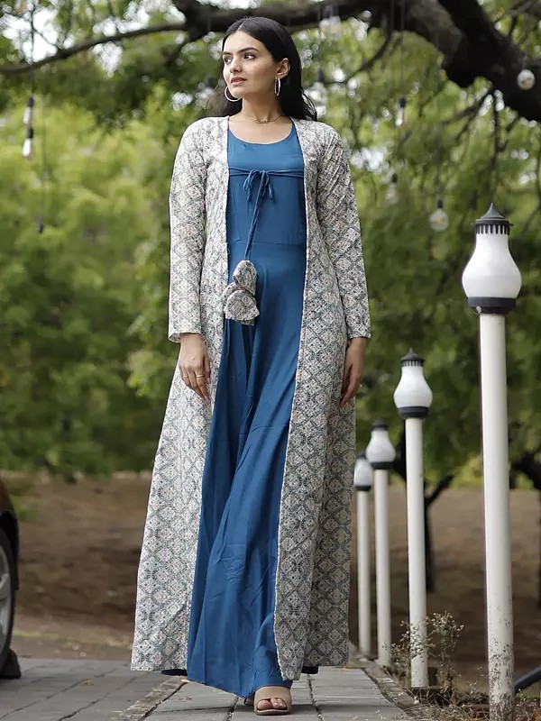 Embroidered Stitched Gown and Shrug with Tassels for Women
