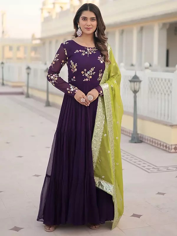 Faux Georgette Embroidered Thread Floral Designer Gown With Russian Silk Dupatta