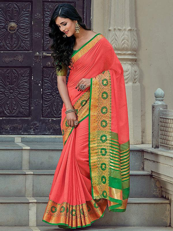 Pale-Red Cotton Handloom Saree With Stirped Pallu And Blouse