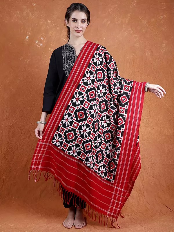 Black and Red Pure Cotton Ikat Handloom Dupatta from Pochampally
