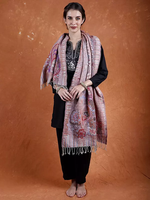 Multicolor Jamawar Stole from Amritsar with Crewel Embroidery