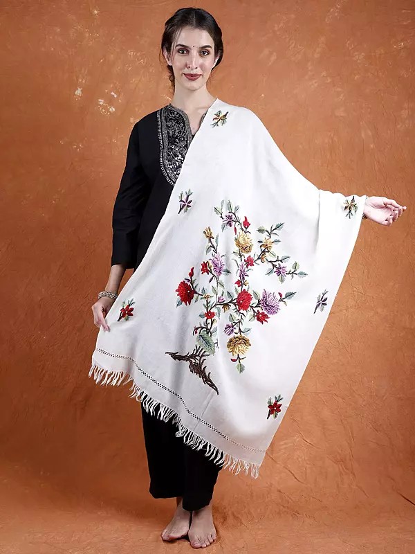 Ivory Pure Wool Stole from Kashmir with Hand-Aari Embroidered Tree of Life