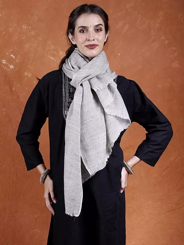 Silver-Cloud Pure Wool Plain Cashmere Shawl from Ladakh with All-Over Chevron Weave