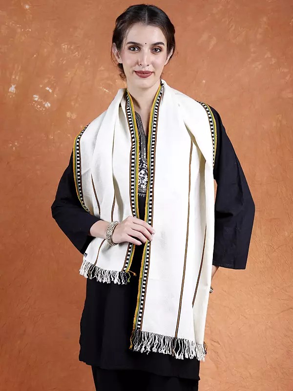 Cannoli-Cream Leirum Scarf from Nagaland with Stripe Pattern