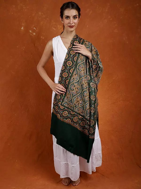 Dark-Green Pure Wool Stole from Kashmir with Sozni-Embroidery by Hand