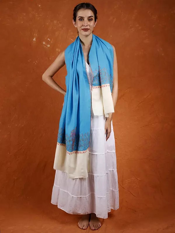 River-Blue Pure Wool Stole with Sozni Hand-Embroidered Paisleys on Border