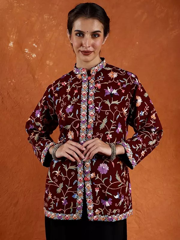 Biking-Red Pure Wool Short Jacket from Kashmir with Hand-Aari Embroidered Flowers