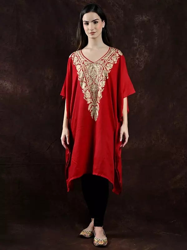 Pure Wool Kashmiri Short Kaftan with Tilla Embroidery on Neck