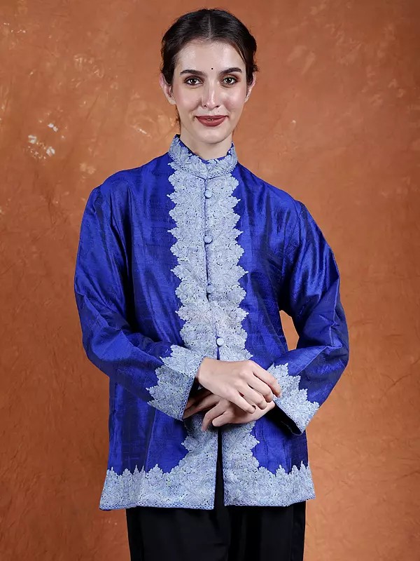 Sodalite-Blue Matka-Silk Plain Short Jacket from Kashmir with Aari Embroidery on Neck