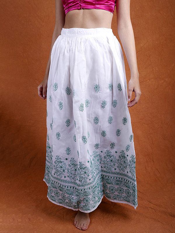 Lucent-White Cotton Long Skirt with Floral Lukhnavi Chikankari Embroidery by Hand