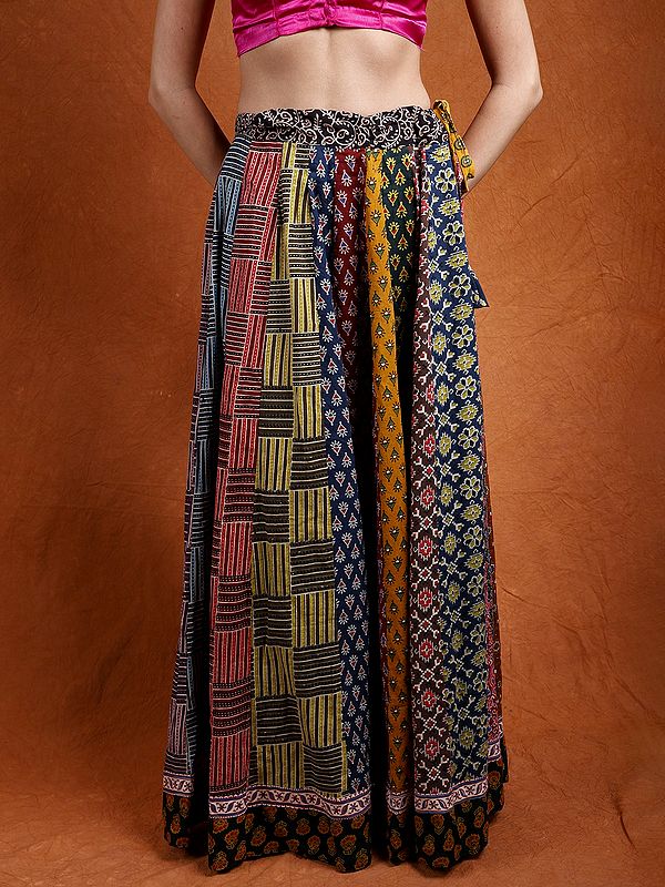 Multicolor Pure Cotton Drawstring-Waist Long Skirt with Printed Patchwork