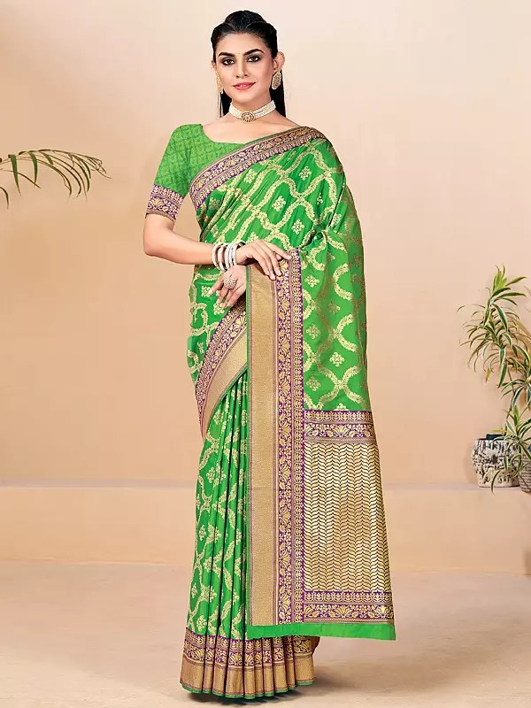 Mid-Green Banarasi Silk Saree With Vine Border And Blouse