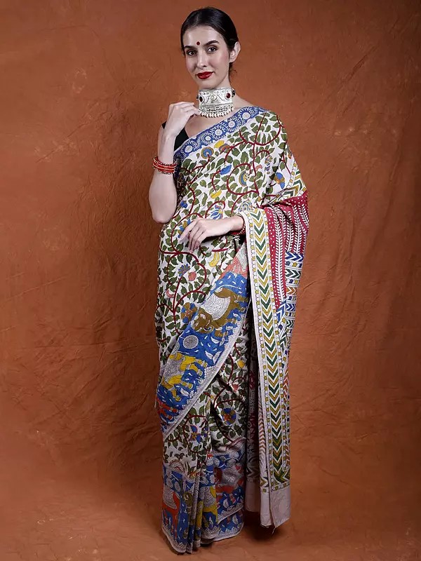Novelle-Peach Cotton Mata Ni Pachedi Folk Saree from Gujarat with Hand-Painted Tree of Life and Peacocks
