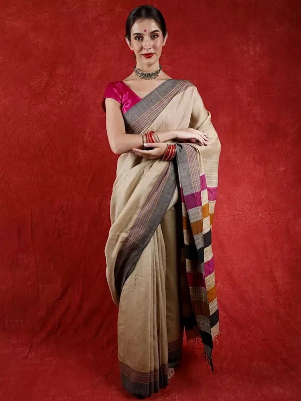 Warm-sand Plain Khadi Cotton Saree with Stripe on Pallu