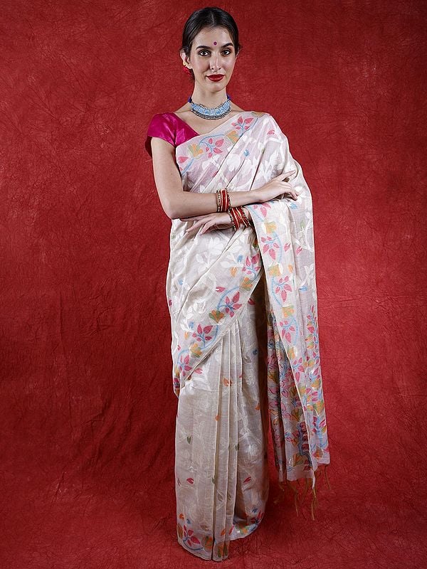 Arctic-Wolf Pure Cotton Jamdani Saree from Bangladesh with Multicolor Woven Flowers