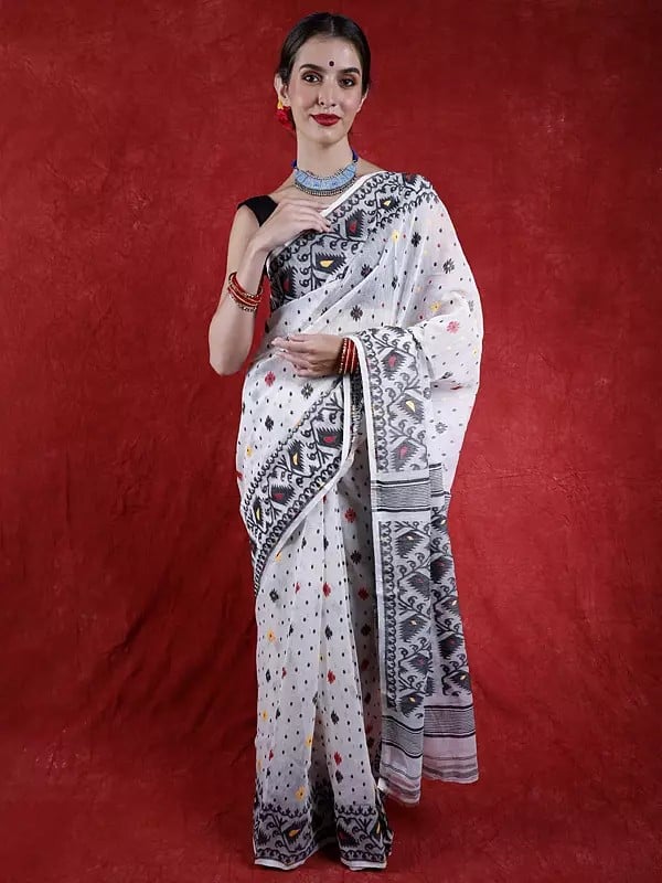Brilliant-White Jamdani Handloom Saree from Bangladesh with Woven Bootis all over