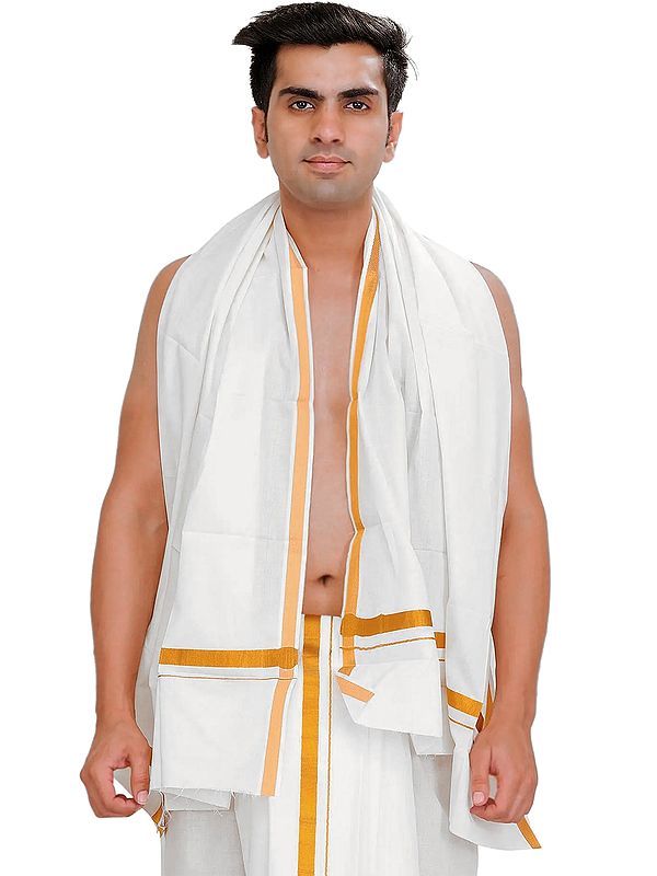 Bright-White Pure Cotton Plain Angavastram with Zari Woven Border