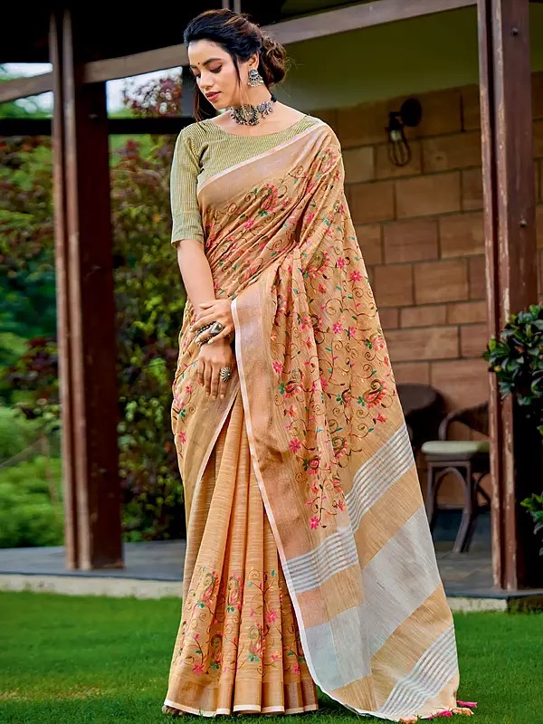 All Over Paisley Butti Linen Saree With Striped Pallu And Blouse