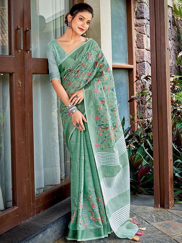 All Over Paisley Butti Linen Saree With Striped Pallu And Blouse