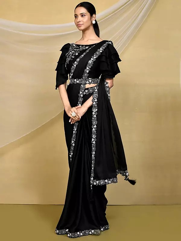 Cord Sequin Embroidered Flower Black Saree and Stone Moti Work in Border with Blouse