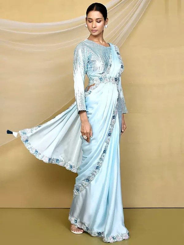 Crepe Silk Satin Cord & Sequence Embroidered Light Blue Saree And Flower Border With Embroidered Blouse