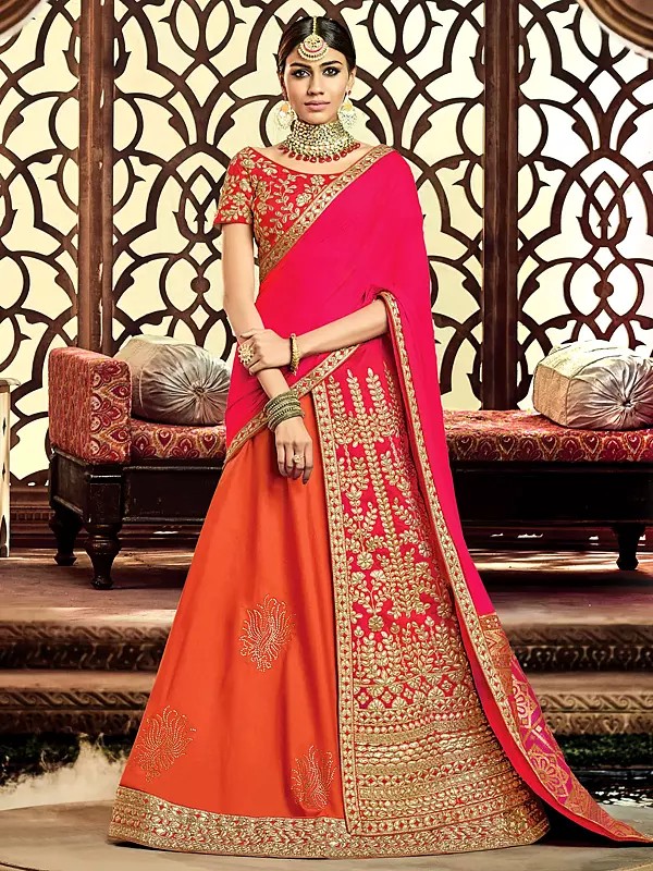 Orange-Faded Red Taffeta Silk Gota Embroidered Wedding Flowery Lehenga Saree And Raw Silk Blouse With Two-Tone Dupatta