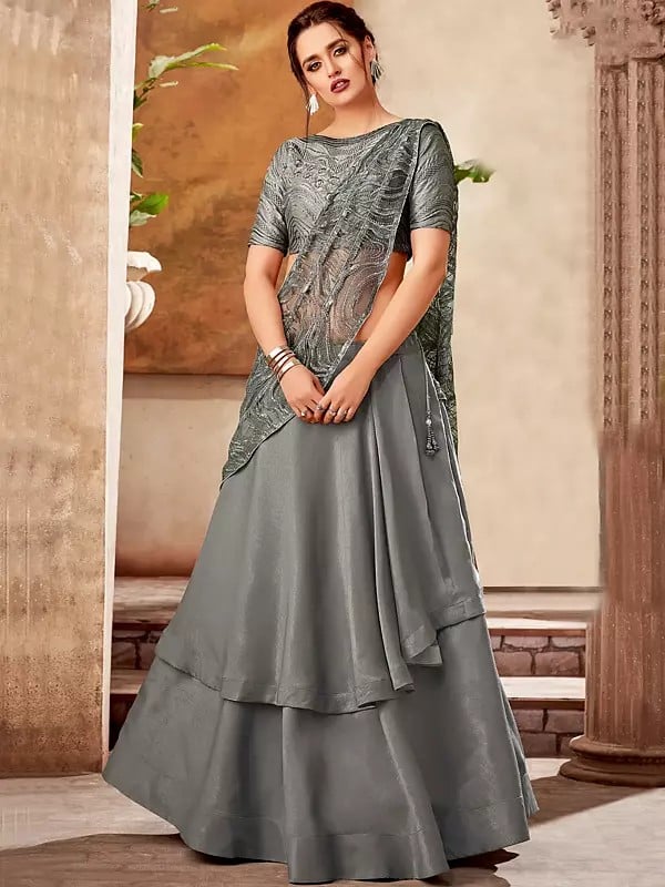 Grey Fancy Velvet Sequins Embroidered Party Wear Lehenga Saree And Taffeta Silk Blouse With Net Dupatta