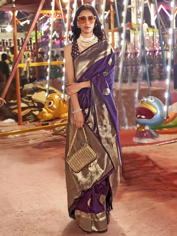 Handloom Weaving Leaves Pattern Silk Saree and Golden Rich Pallu-Border with Brocade Blouse