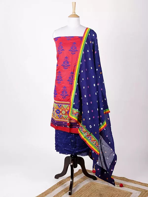 Bandhani Salwar Kameez Fabric and Dupatta from Gujarat with Multicolor Embroidery and Mirrors