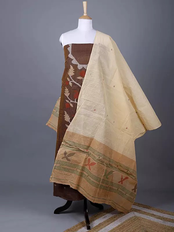 Tangail Salwar Kameez and Dupatta from Bengal with Woven Bootis and Flowers