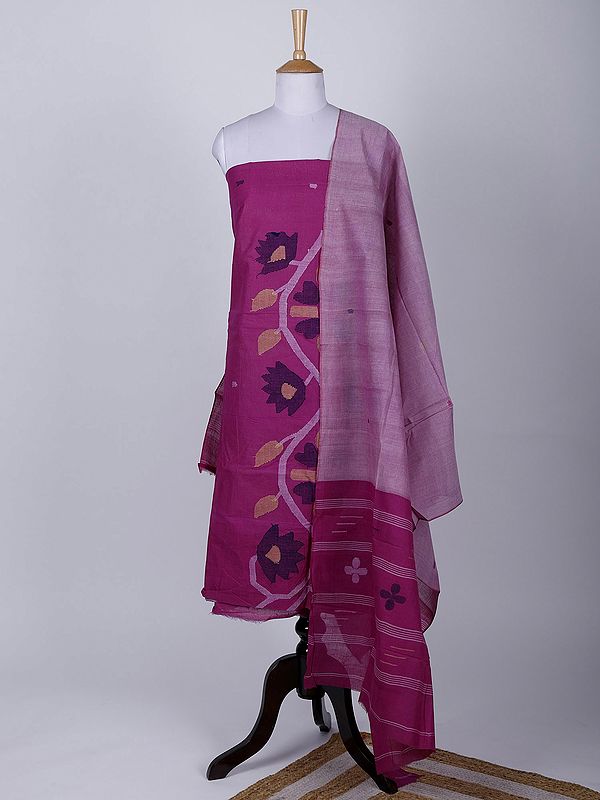 Tangail Salwar Kameez and Dupatta from Bengal with Woven Bootis and Flowers