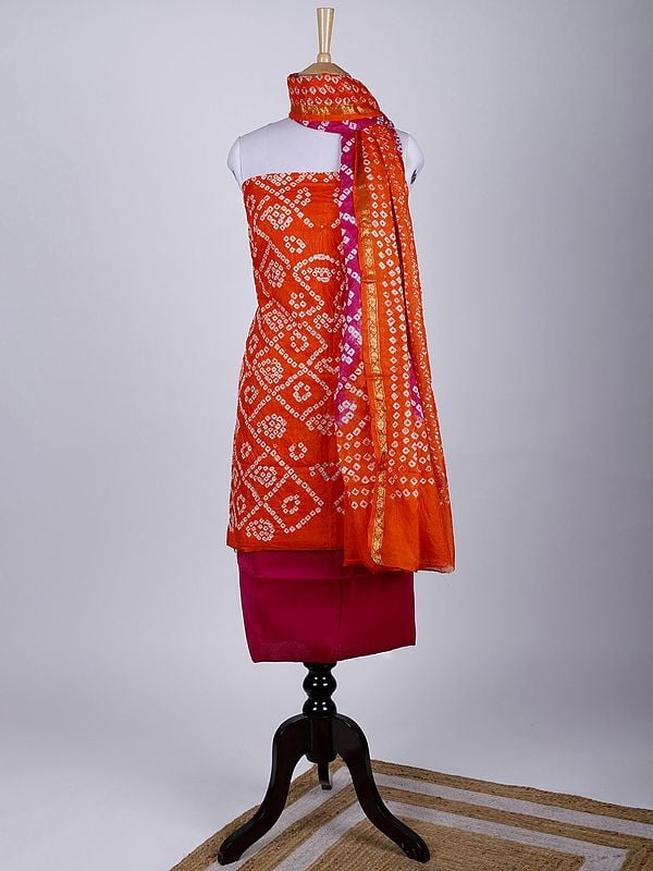 Bandhani Tie-Dye Salwar Kameez Fabric and Dupatta from Gujarat with Zari Border