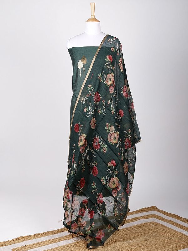 Two-Piece Faux-Munga Silk Kurti Fabric with Zari Brocaded Trees and Digital Printed Floral Dupatta