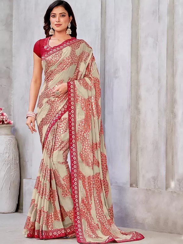 Light-Beige Georgette Woven Saree With Floral Border Pallu And Blouse