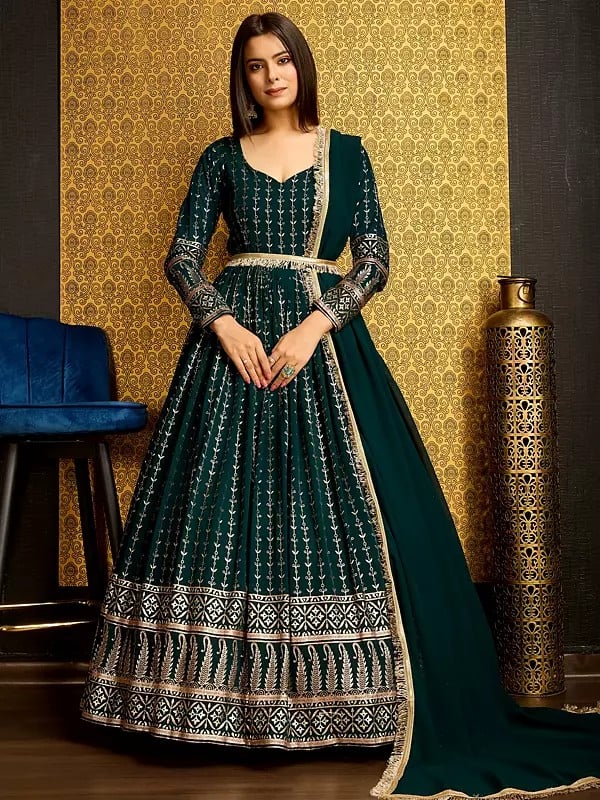 Party Wear Foux Georgette Metallic Foil Work Phthalo Green Anarkali Long Gown with Dupatta
