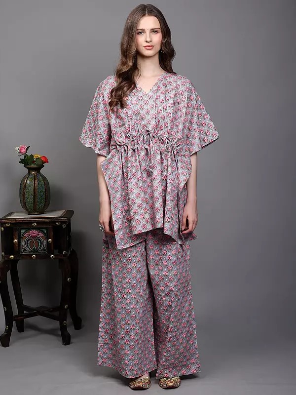 Pure Cotton Kaftan Style Co-Ord Set with Printed Floral Bootis