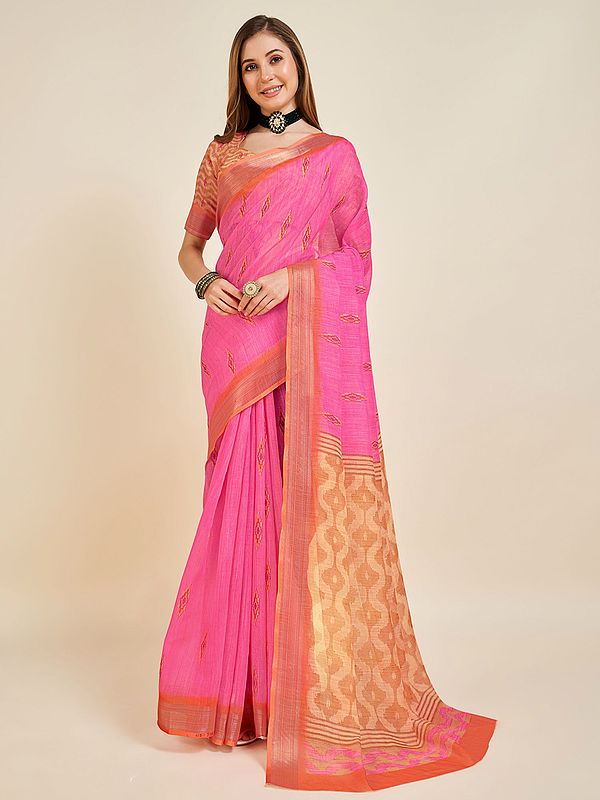 Medium-Pink Linen Saree For Women With Contrast Border