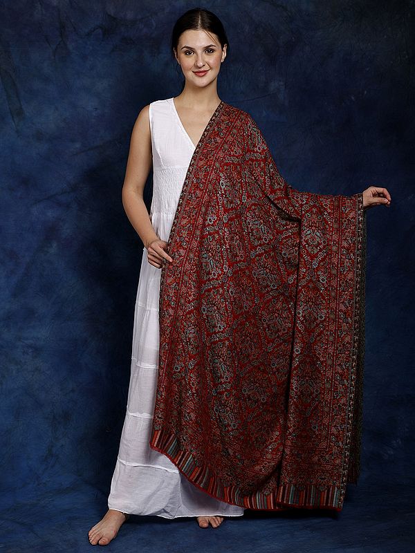Fine-Wool Jamawar Kani Shawl from Amritsar with Multicolor Woven Flowers All-Over